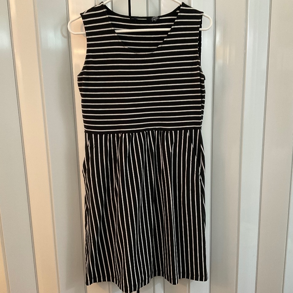 Lands End Black and White Striped Dress
